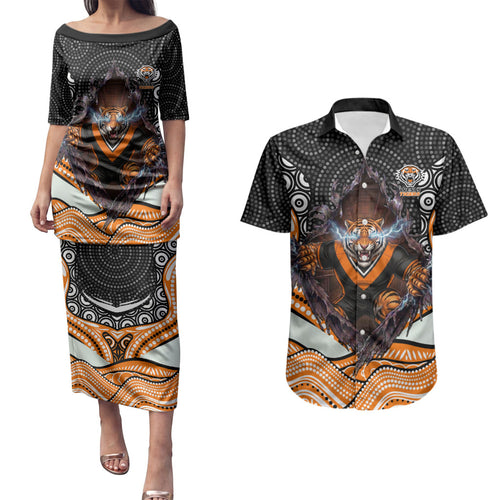 Wests Tigers Couples Matching Puletasi and Hawaiian Shirt The Scream of Lightning Eyes - Indigenous Dot Ripping Effect