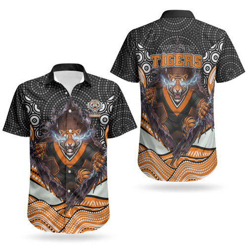 Wests Tigers Couples Matching Puletasi and Hawaiian Shirt The Scream of Lightning Eyes - Indigenous Dot Ripping Effect
