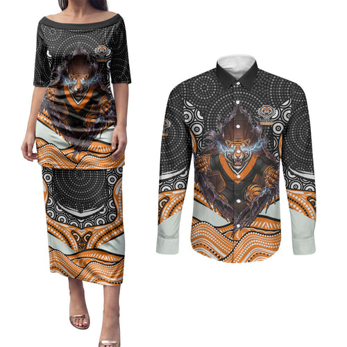 Wests Tigers Couples Matching Puletasi and Long Sleeve Button Shirt The Scream of Lightning Eyes - Indigenous Dot Ripping Effect