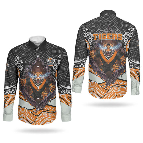 Wests Tigers Couples Matching Puletasi and Long Sleeve Button Shirt The Scream of Lightning Eyes - Indigenous Dot Ripping Effect