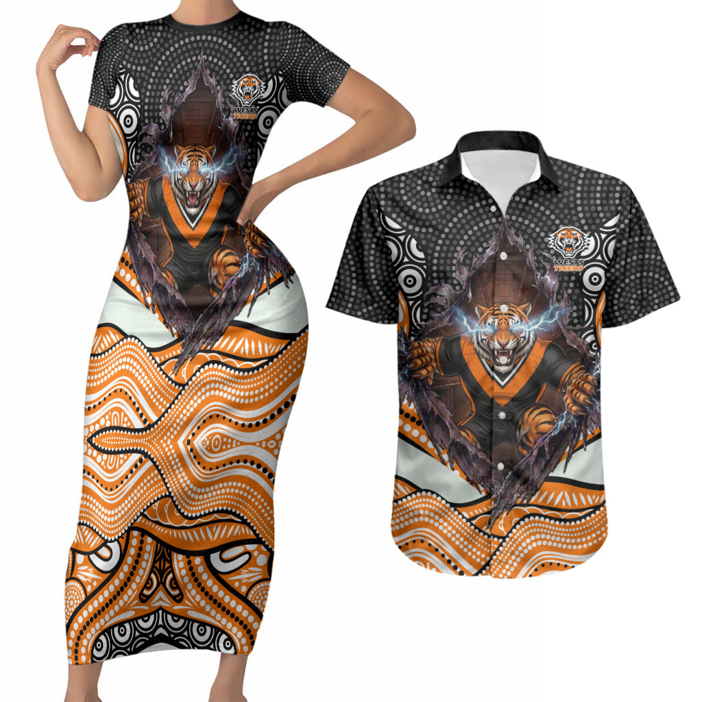Wests Tigers Couples Matching Short Sleeve Bodycon Dress and Hawaiian Shirt The Scream of Lightning Eyes - Indigenous Dot Ripping Effect