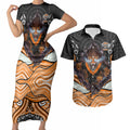 Wests Tigers Couples Matching Short Sleeve Bodycon Dress and Hawaiian Shirt The Scream of Lightning Eyes - Indigenous Dot Ripping Effect