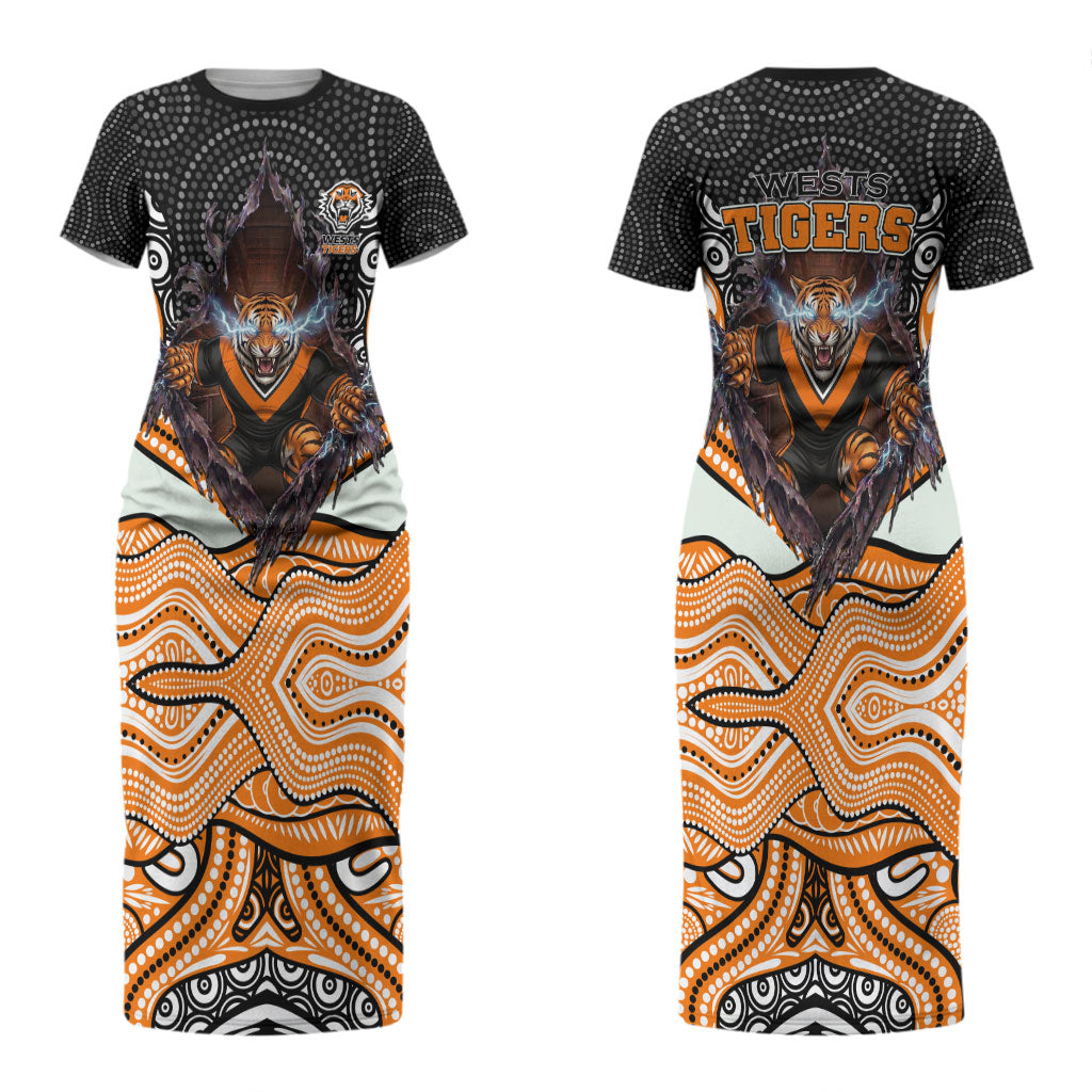 Wests Tigers Couples Matching Short Sleeve Bodycon Dress and Hawaiian Shirt The Scream of Lightning Eyes - Indigenous Dot Ripping Effect