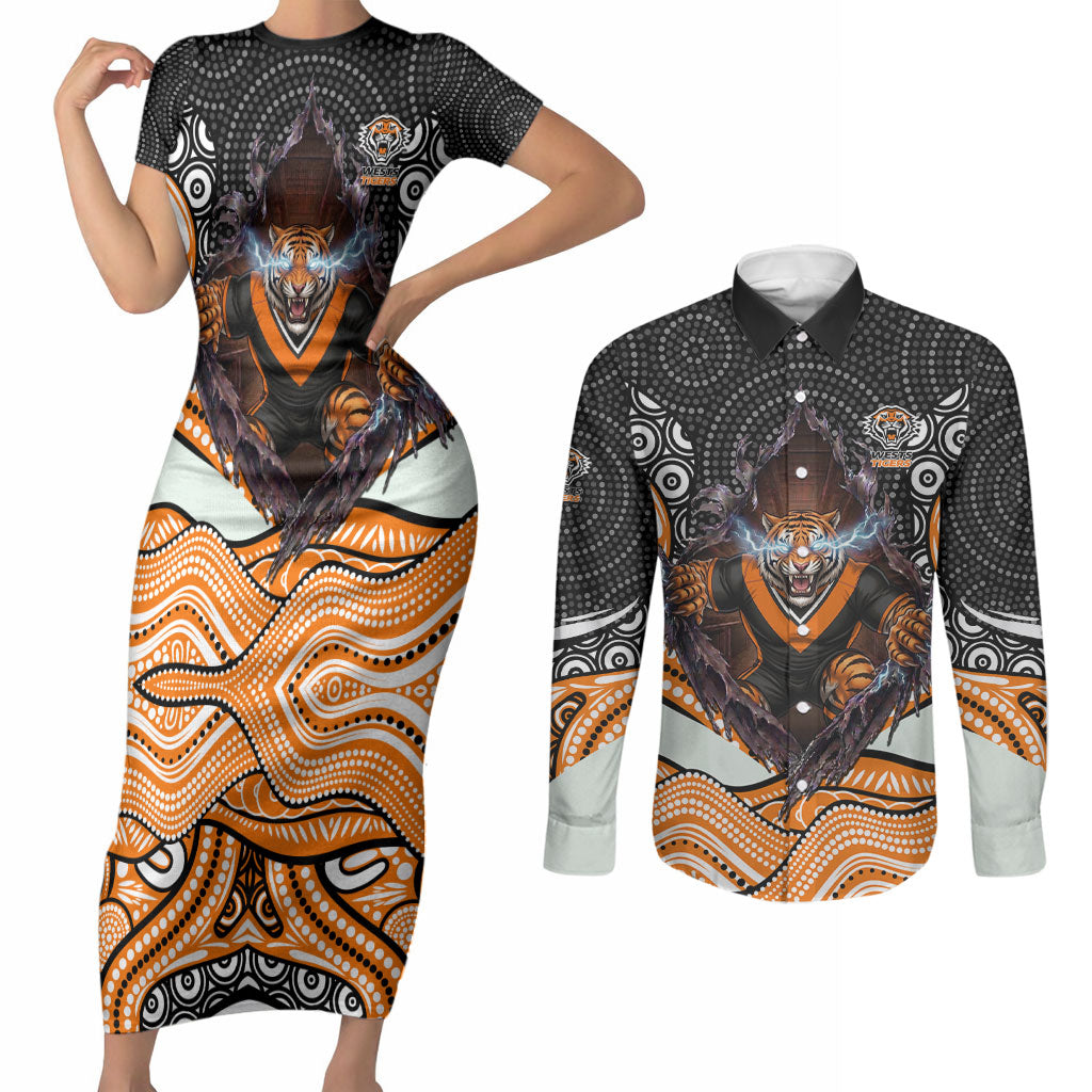 Wests Tigers Couples Matching Short Sleeve Bodycon Dress and Long Sleeve Button Shirt The Scream of Lightning Eyes - Indigenous Dot Ripping Effect