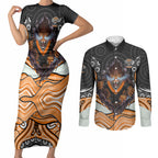 Wests Tigers Couples Matching Short Sleeve Bodycon Dress and Long Sleeve Button Shirt The Scream of Lightning Eyes - Indigenous Dot Ripping Effect
