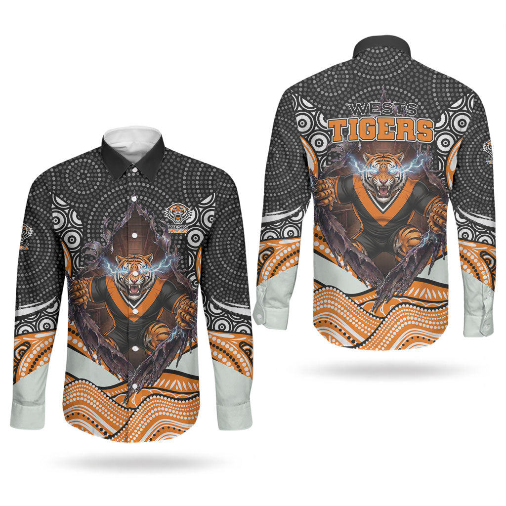 Wests Tigers Couples Matching Short Sleeve Bodycon Dress and Long Sleeve Button Shirt The Scream of Lightning Eyes - Indigenous Dot Ripping Effect