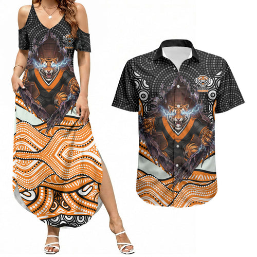Wests Tigers Couples Matching Summer Maxi Dress and Hawaiian Shirt The Scream of Lightning Eyes - Indigenous Dot Ripping Effect