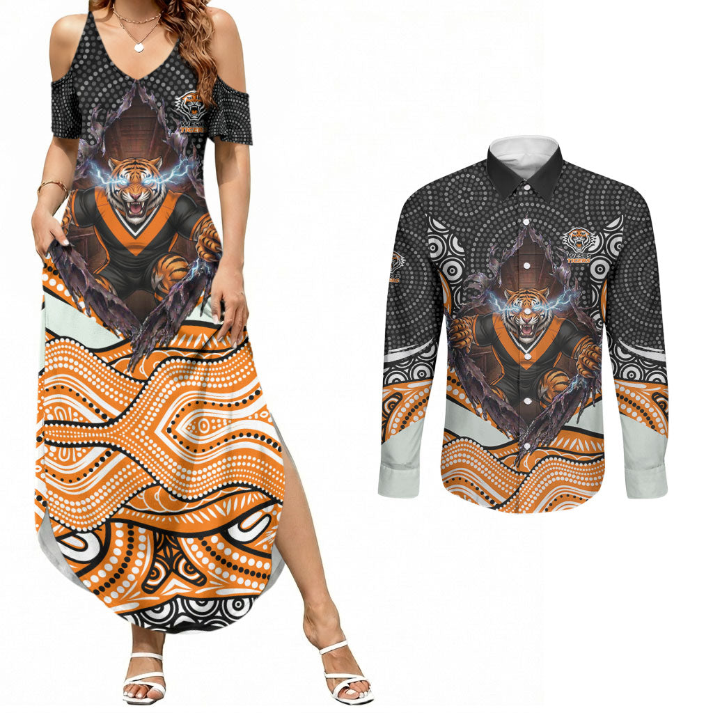 Wests Tigers Couples Matching Summer Maxi Dress and Long Sleeve Button Shirt The Scream of Lightning Eyes - Indigenous Dot Ripping Effect