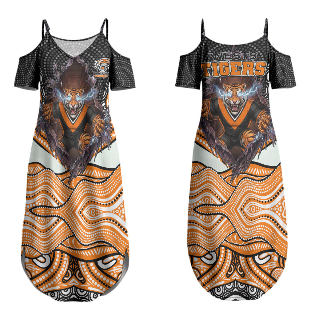 Wests Tigers Couples Matching Summer Maxi Dress and Long Sleeve Button Shirt The Scream of Lightning Eyes - Indigenous Dot Ripping Effect