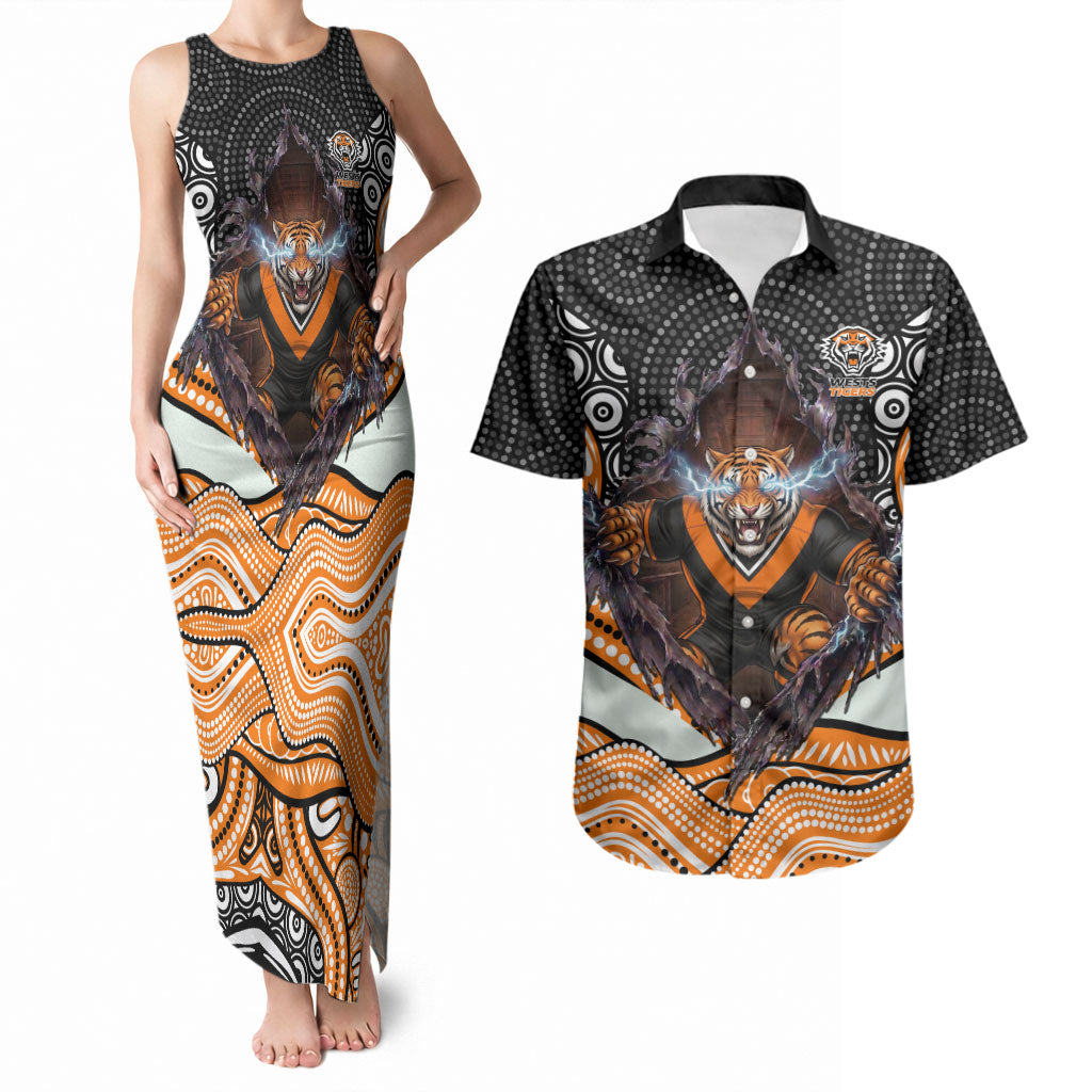 Wests Tigers Couples Matching Tank Maxi Dress and Hawaiian Shirt The Scream of Lightning Eyes - Indigenous Dot Ripping Effect