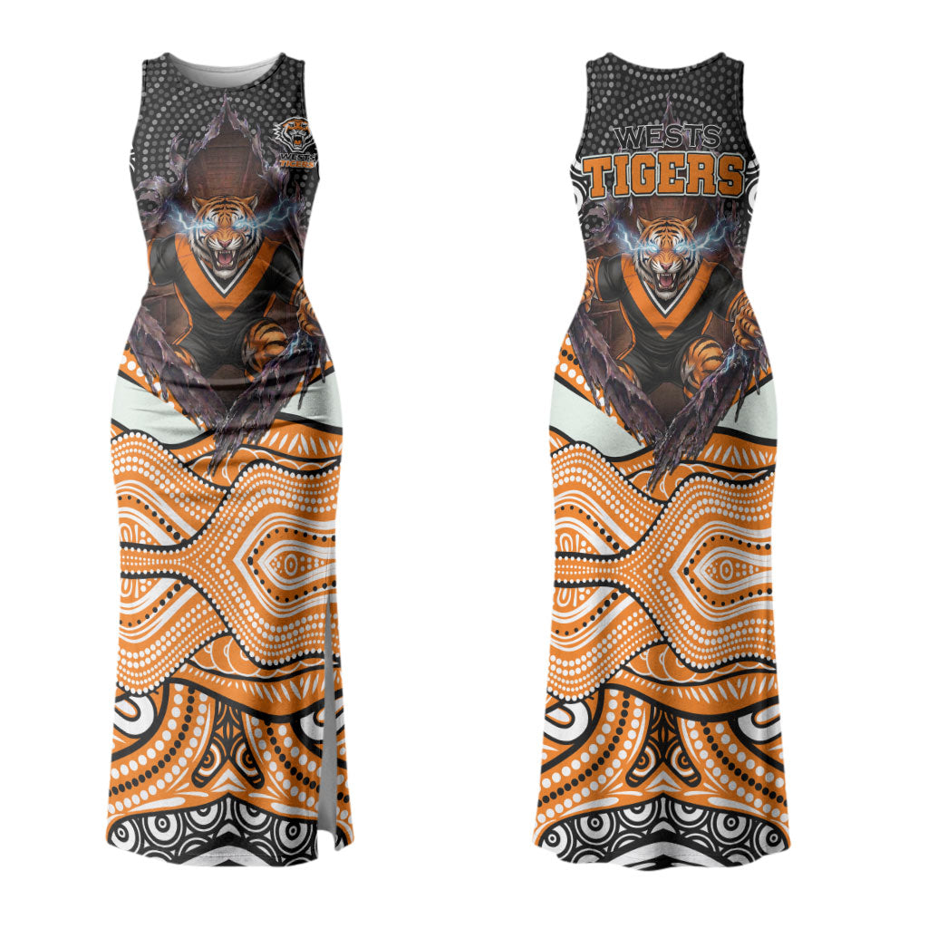 Wests Tigers Couples Matching Tank Maxi Dress and Hawaiian Shirt The Scream of Lightning Eyes - Indigenous Dot Ripping Effect