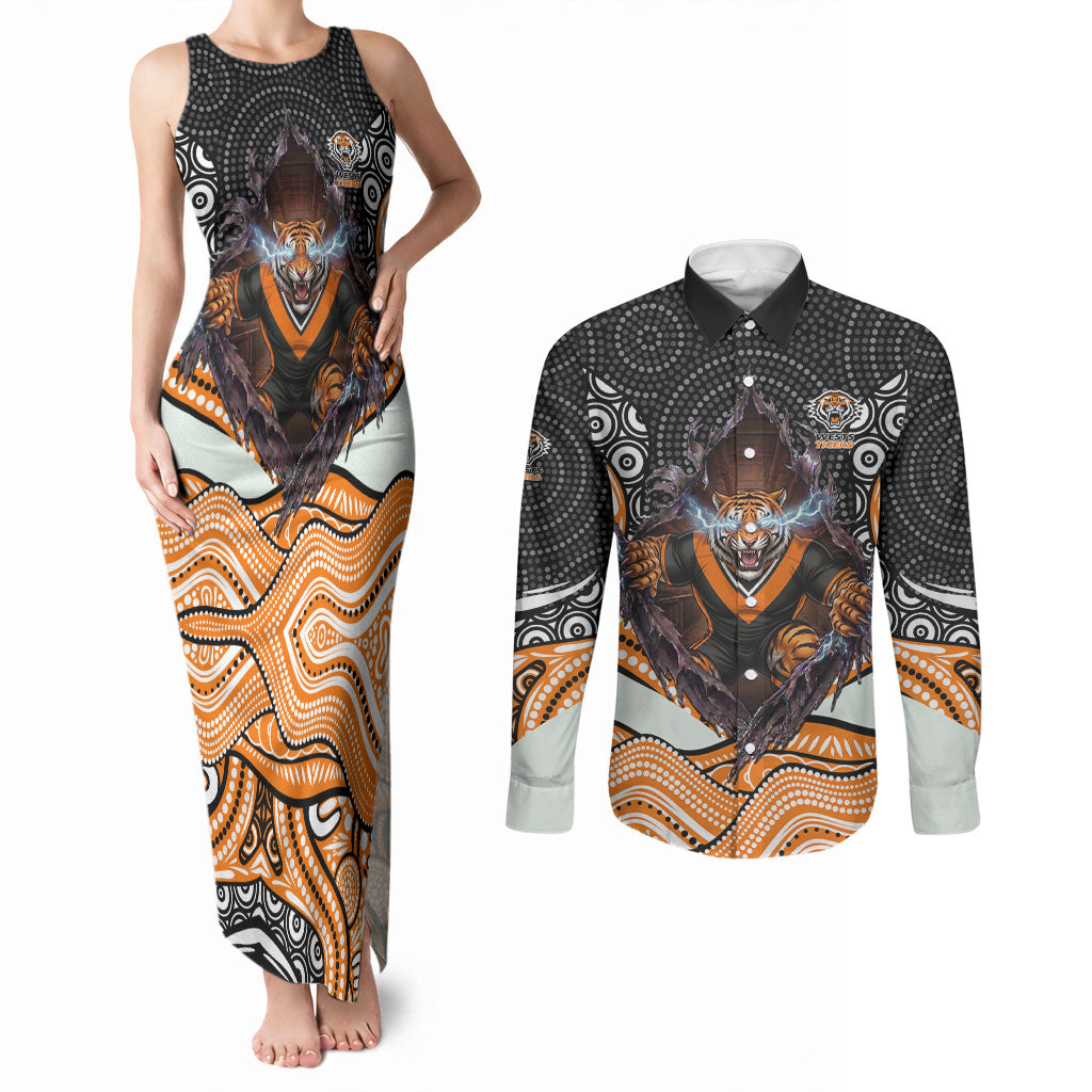 Wests Tigers Couples Matching Tank Maxi Dress and Long Sleeve Button Shirt The Scream of Lightning Eyes - Indigenous Dot Ripping Effect