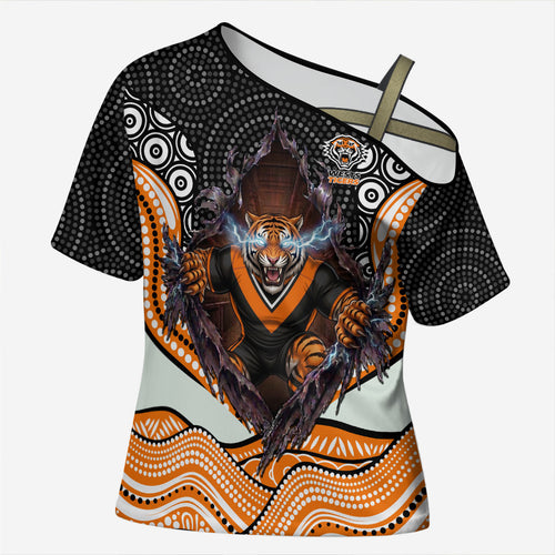 Wests Tigers Cross Shoulder Shirt The Scream of Lightning Eyes - Indigenous Dot Ripping Effect