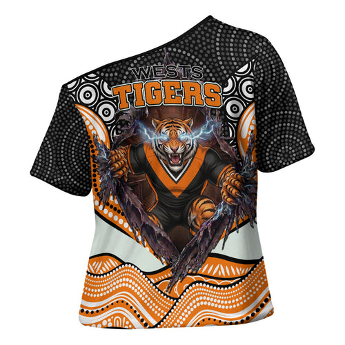 Wests Tigers Cross Shoulder Shirt The Scream of Lightning Eyes - Indigenous Dot Ripping Effect