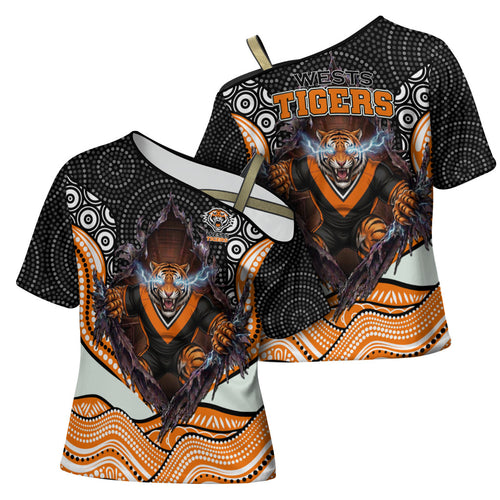Wests Tigers Cross Shoulder Shirt The Scream of Lightning Eyes - Indigenous Dot Ripping Effect
