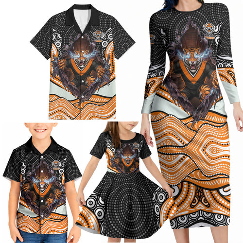 Wests Tigers Family Matching Long Sleeve Bodycon Dress and Hawaiian Shirt The Scream of Lightning Eyes - Indigenous Dot Ripping Effect