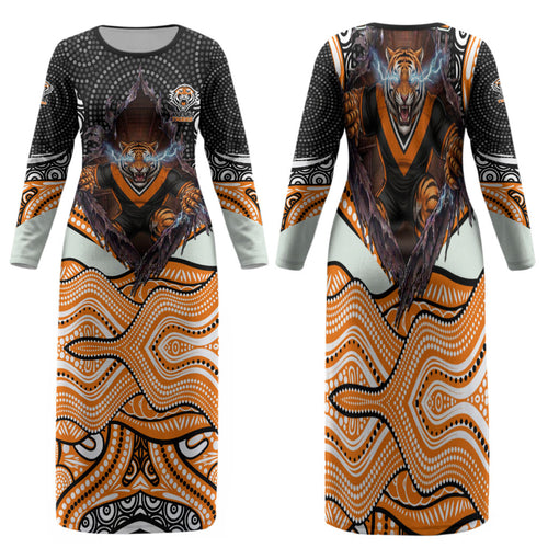 Wests Tigers Family Matching Long Sleeve Bodycon Dress and Hawaiian Shirt The Scream of Lightning Eyes - Indigenous Dot Ripping Effect