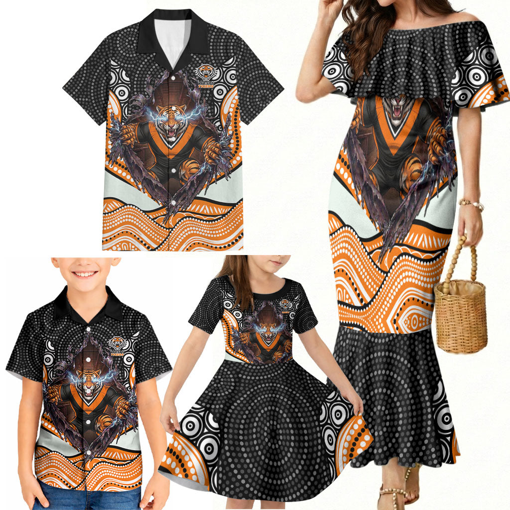 Wests Tigers Family Matching Mermaid Dress and Hawaiian Shirt The Scream of Lightning Eyes - Indigenous Dot Ripping Effect