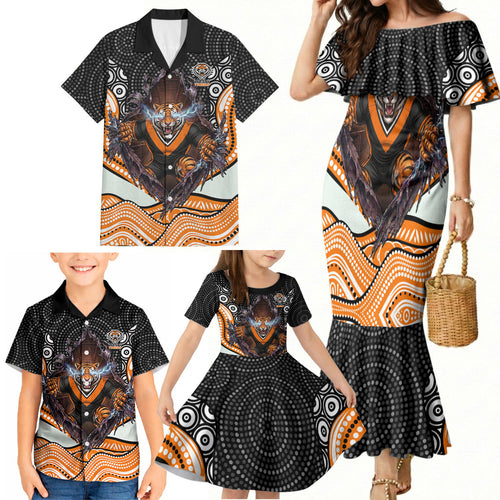 Wests Tigers Family Matching Mermaid Dress and Hawaiian Shirt The Scream of Lightning Eyes - Indigenous Dot Ripping Effect