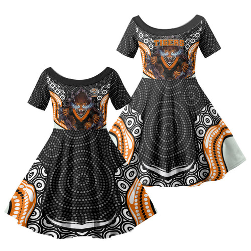 Wests Tigers Family Matching Mermaid Dress and Hawaiian Shirt The Scream of Lightning Eyes - Indigenous Dot Ripping Effect