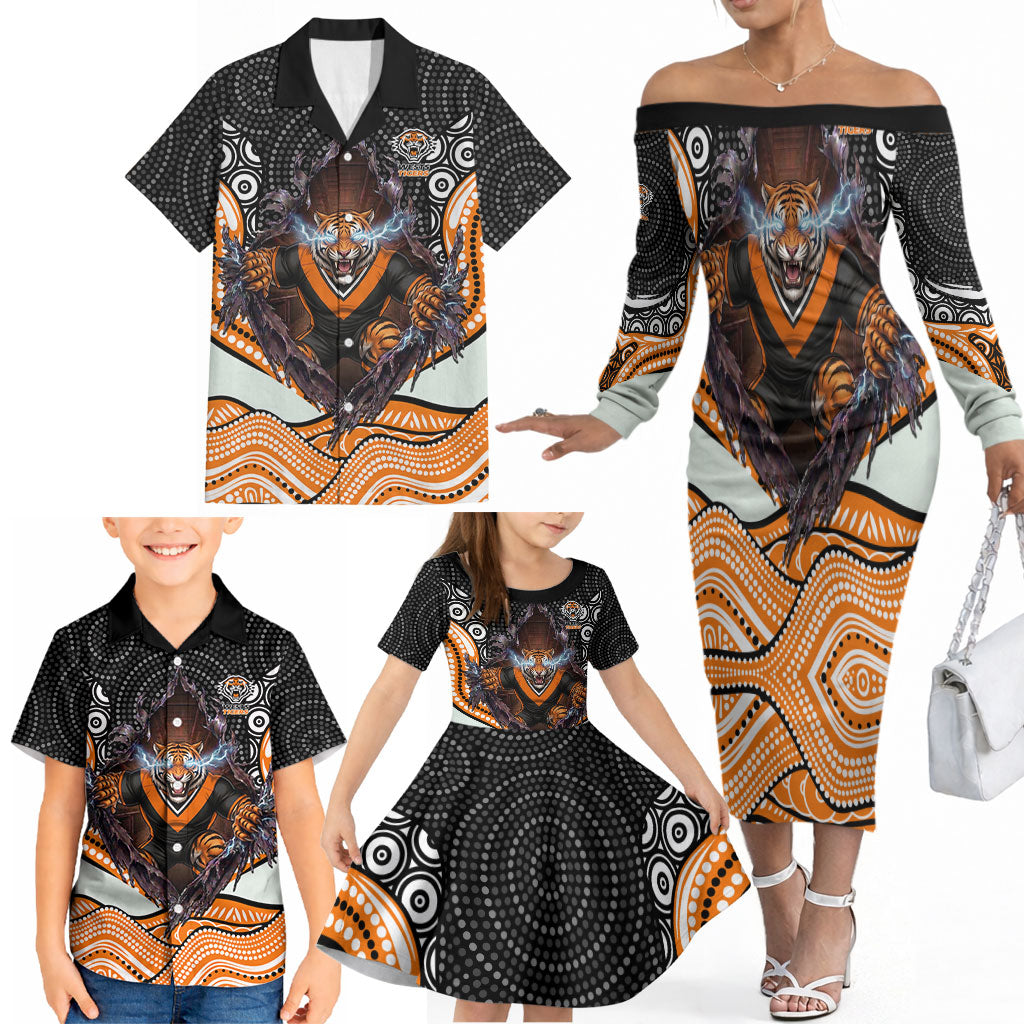 Wests Tigers Family Matching Off The Shoulder Long Sleeve Dress and Hawaiian Shirt The Scream of Lightning Eyes - Indigenous Dot Ripping Effect
