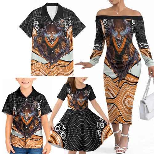 Wests Tigers Family Matching Off The Shoulder Long Sleeve Dress and Hawaiian Shirt The Scream of Lightning Eyes - Indigenous Dot Ripping Effect
