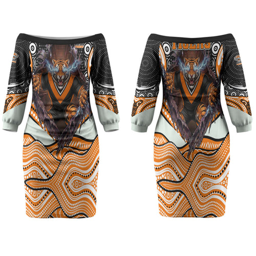 Wests Tigers Family Matching Off The Shoulder Long Sleeve Dress and Hawaiian Shirt The Scream of Lightning Eyes - Indigenous Dot Ripping Effect