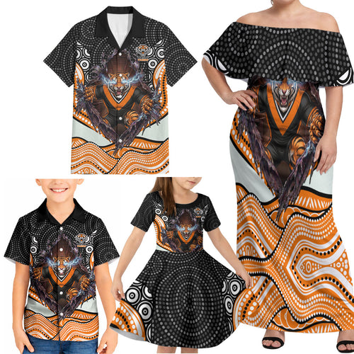 Wests Tigers Family Matching Off Shoulder Maxi Dress and Hawaiian Shirt The Scream of Lightning Eyes - Indigenous Dot Ripping Effect