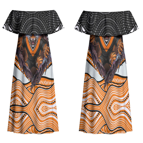 Wests Tigers Family Matching Off Shoulder Maxi Dress and Hawaiian Shirt The Scream of Lightning Eyes - Indigenous Dot Ripping Effect