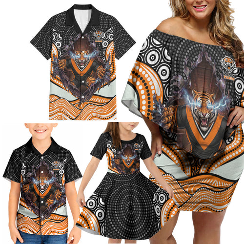 Wests Tigers Family Matching Off Shoulder Short Dress and Hawaiian Shirt The Scream of Lightning Eyes - Indigenous Dot Ripping Effect