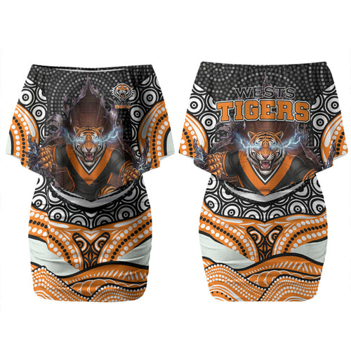 Wests Tigers Family Matching Off Shoulder Short Dress and Hawaiian Shirt The Scream of Lightning Eyes - Indigenous Dot Ripping Effect