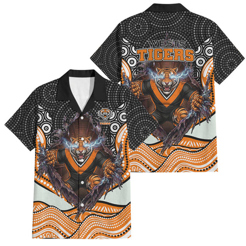 Wests Tigers Family Matching Off Shoulder Short Dress and Hawaiian Shirt The Scream of Lightning Eyes - Indigenous Dot Ripping Effect