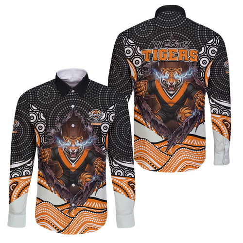 Wests Tigers Family Matching Off Shoulder Short Dress and Hawaiian Shirt The Scream of Lightning Eyes - Indigenous Dot Ripping Effect