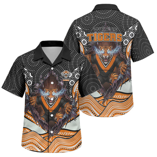 Wests Tigers Family Matching Off Shoulder Short Dress and Hawaiian Shirt The Scream of Lightning Eyes - Indigenous Dot Ripping Effect