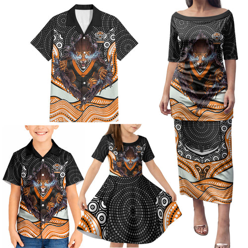 Wests Tigers Family Matching Puletasi and Hawaiian Shirt The Scream of Lightning Eyes - Indigenous Dot Ripping Effect