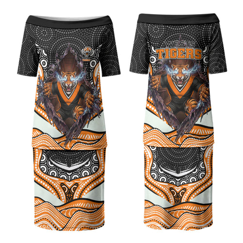 Wests Tigers Family Matching Puletasi and Hawaiian Shirt The Scream of Lightning Eyes - Indigenous Dot Ripping Effect