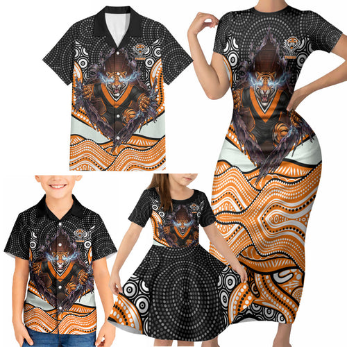 Wests Tigers Family Matching Short Sleeve Bodycon Dress and Hawaiian Shirt The Scream of Lightning Eyes - Indigenous Dot Ripping Effect