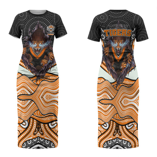 Wests Tigers Family Matching Short Sleeve Bodycon Dress and Hawaiian Shirt The Scream of Lightning Eyes - Indigenous Dot Ripping Effect