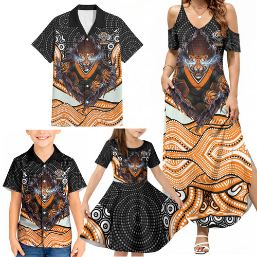 Wests Tigers Family Matching Summer Maxi Dress and Hawaiian Shirt The Scream of Lightning Eyes - Indigenous Dot Ripping Effect