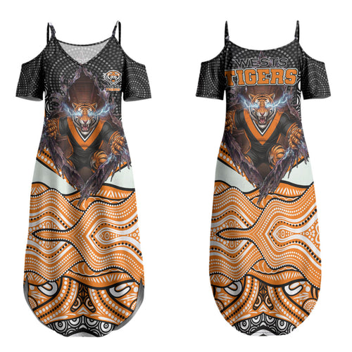 Wests Tigers Family Matching Summer Maxi Dress and Hawaiian Shirt The Scream of Lightning Eyes - Indigenous Dot Ripping Effect