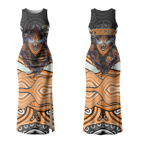 Wests Tigers Family Matching Tank Maxi Dress and Hawaiian Shirt The Scream of Lightning Eyes - Indigenous Dot Ripping Effect