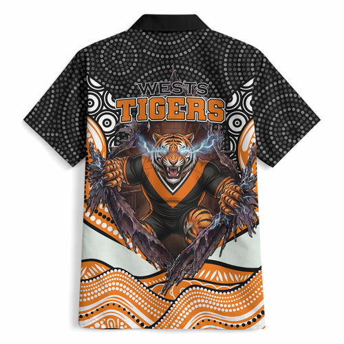 Wests Tigers Hawaiian Shirt The Scream of Lightning Eyes - Indigenous Dot Ripping Effect