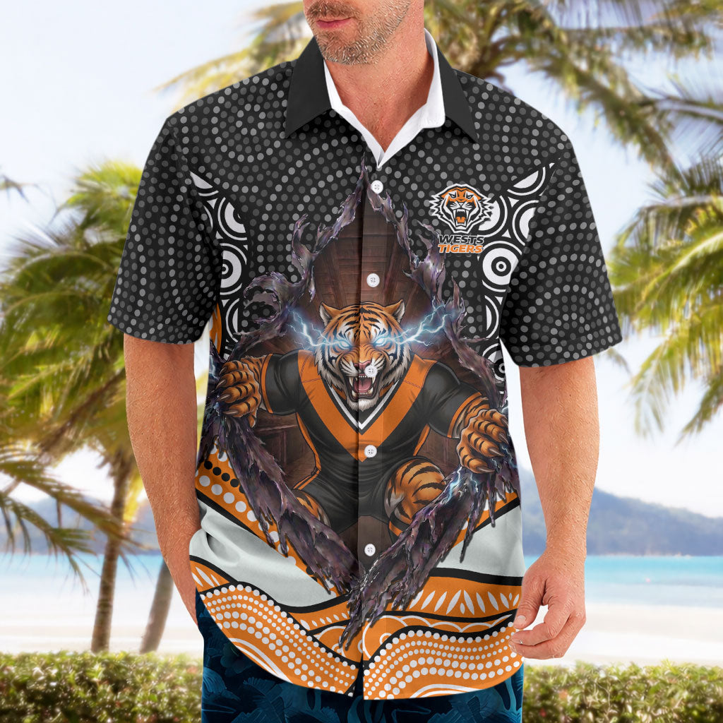 Wests Tigers Hawaiian Shirt The Scream of Lightning Eyes - Indigenous Dot Ripping Effect