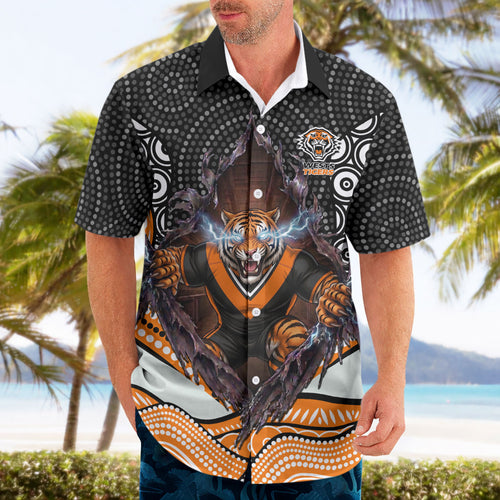Wests Tigers Hawaiian Shirt The Scream of Lightning Eyes - Indigenous Dot Ripping Effect
