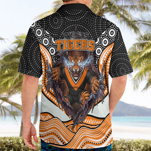 Wests Tigers Hawaiian Shirt The Scream of Lightning Eyes - Indigenous Dot Ripping Effect