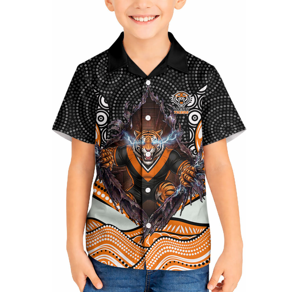 Wests Tigers Hawaiian Shirt The Scream of Lightning Eyes - Indigenous Dot Ripping Effect