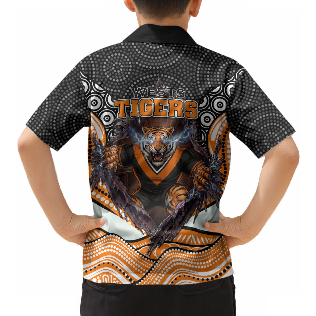 Wests Tigers Hawaiian Shirt The Scream of Lightning Eyes - Indigenous Dot Ripping Effect