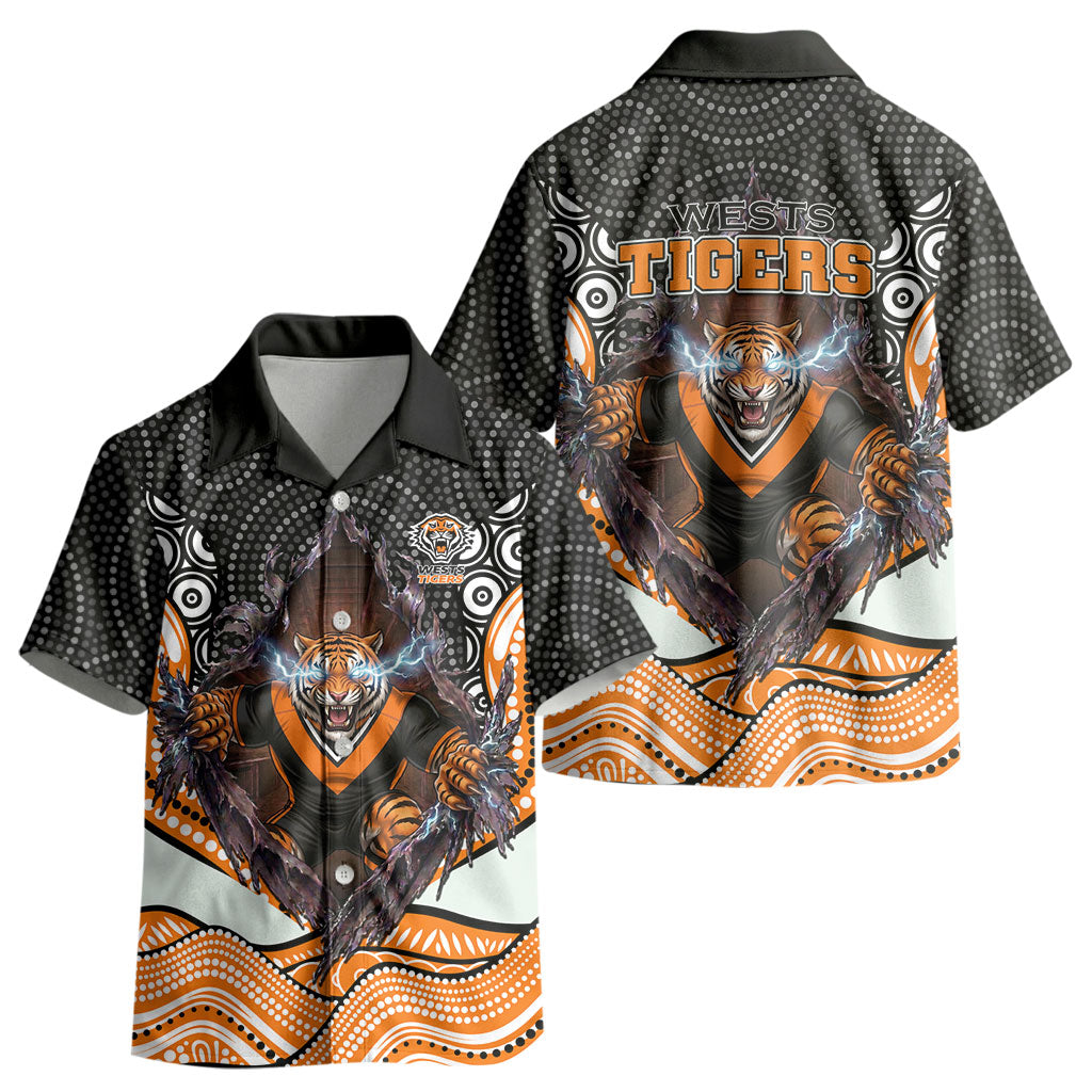 Wests Tigers Kid Hawaiian Shirt The Scream of Lightning Eyes - Indigenous Dot Ripping Effect