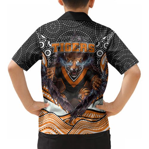 Wests Tigers Kid Hawaiian Shirt The Scream of Lightning Eyes - Indigenous Dot Ripping Effect