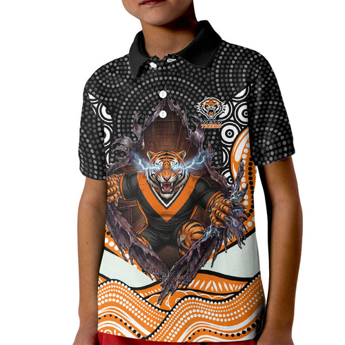 Wests Tigers Kid Polo Shirt The Scream of Lightning Eyes - Indigenous Dot Ripping Effect